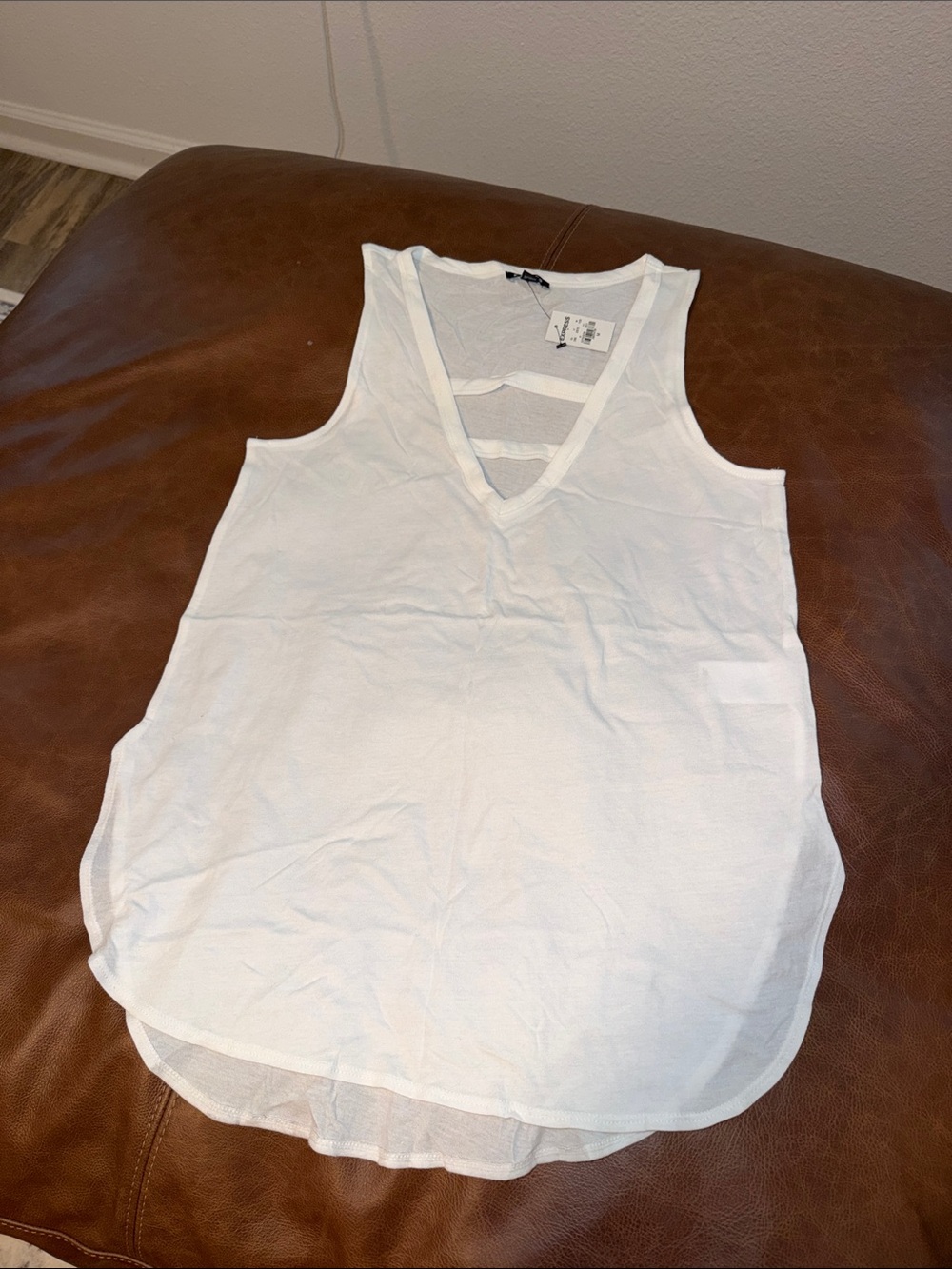 Express White V-Neck Sleeveless Tank with Back Strap Detail